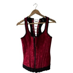 icollection Red Brocade Boned Lace Up Racerback Overbust Corset with Zip size 34